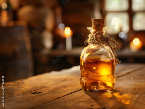 Bottle of Golden Mead on Wooden Table in Tavern Light