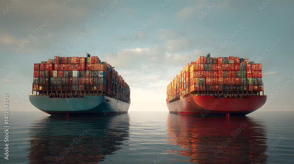 Two massive cargo ships loaded with shipping containers floating in calm waters under a serene sky.