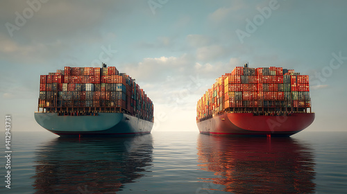 Two massive cargo ships loaded with shipping containers floating in calm waters under a serene sky.