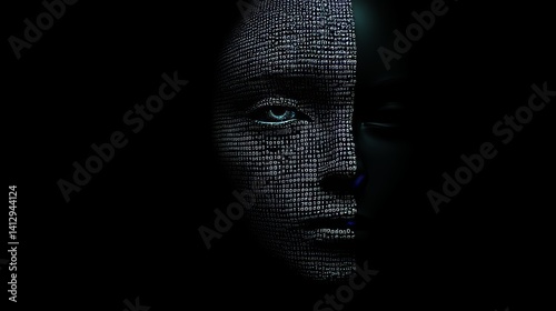 A close-up view of a woman's face features a digital interface overlay, embodying the convergence of stock, technology, and human-machine integration