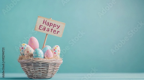 Happy Easter Holiday with Painted Egg, Rabbit Ears and Flower on Colorful Background. International Spring Celebration