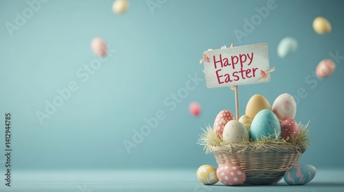 Happy Easter Holiday with Painted Egg, Rabbit Ears and Flower on Colorful Background. International Spring Celebration