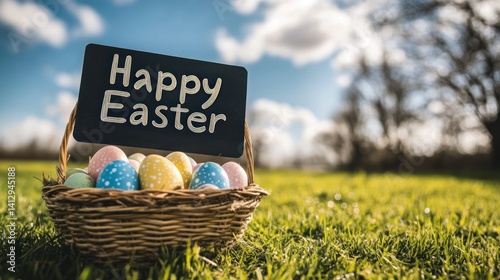 Happy Easter Holiday with Painted Egg, Rabbit Ears and Flower on Colorful Background. International Spring Celebration