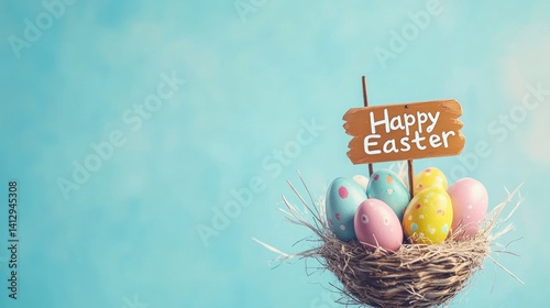 Happy Easter Holiday with Painted Egg, Rabbit Ears and Flower on Colorful Background. International Spring Celebration