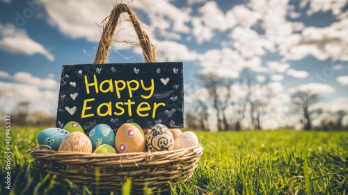 Happy Easter Holiday with Painted Egg, Rabbit Ears and Flower on Colorful Background. International Spring Celebration