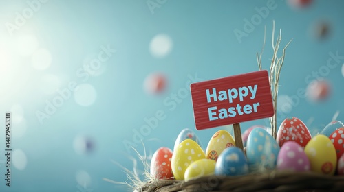 Happy Easter Holiday with Painted Egg, Rabbit Ears and Flower on Colorful Background. International Spring Celebration