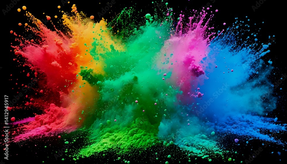 Fototapeta premium a vibrant explosion of colorful powder against a black background creates a dynamic and artistic display of energy and movement.