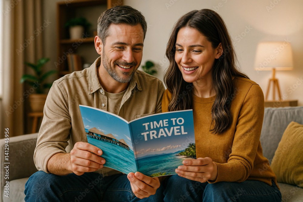 A couple is sitting on a couch, looking at a travel brochure titled \