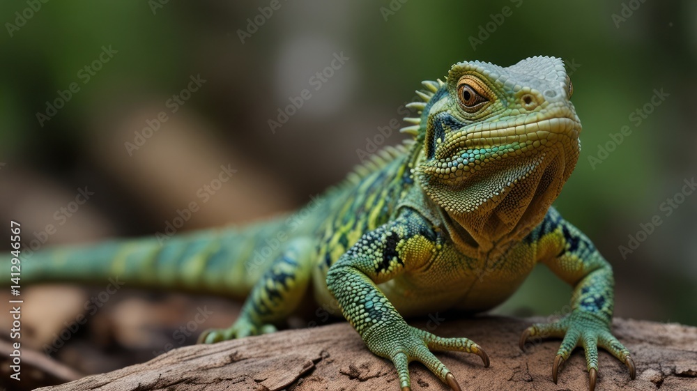 Green lizard on log, forest background, nature wildlife Green lizard on log, forest background, nature wildlife