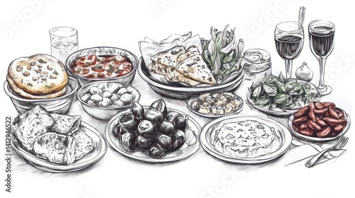 Pasta variety. Italian food and drinks, overhead flat lay shot on a black background. Spaghetti marinara, mushroom pappardelle, seafood pasta etc