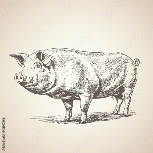 handawn pig illustration graphic retro