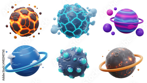 3d cartoon planets set, fantasy space objects, game assets png