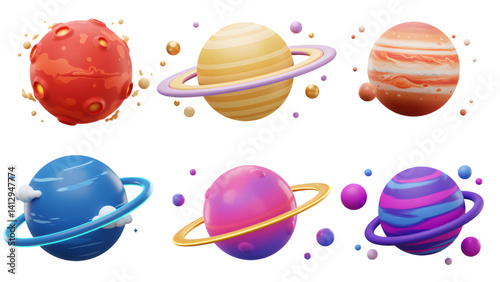 3d cartoon planets set, space galaxy illustration png