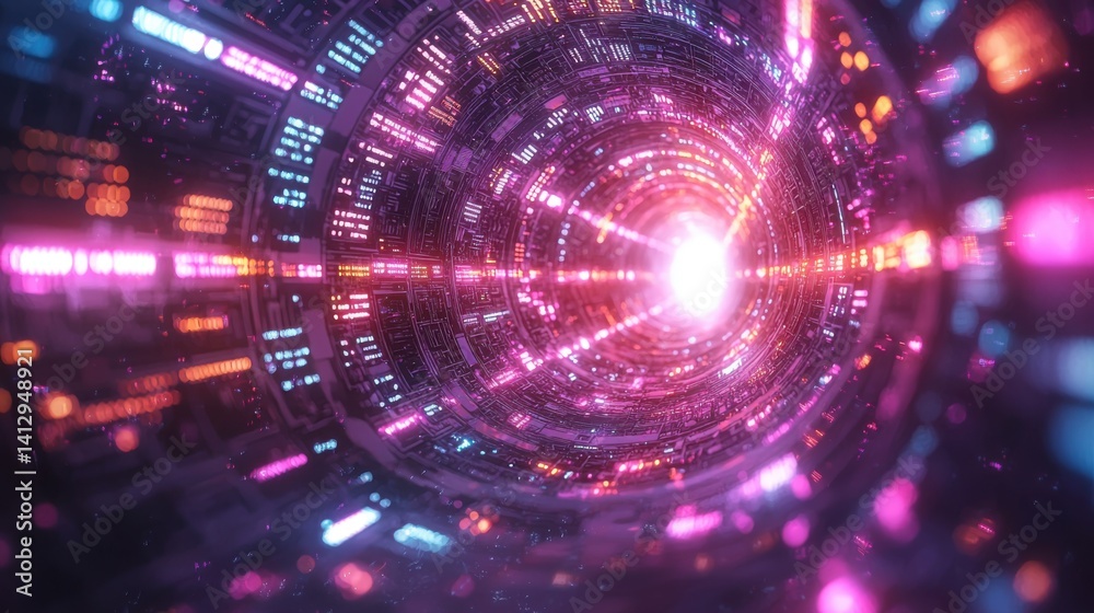 Fototapeta premium Futuristic digital tunnel with bright lights and glowing circuits