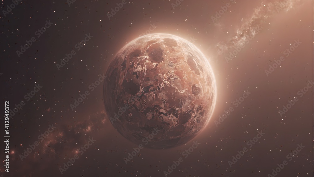 Fototapeta premium Explore a mystical alien world with a rugged cratered surface and a thin colorful atmosphere under a soft cosmic glow