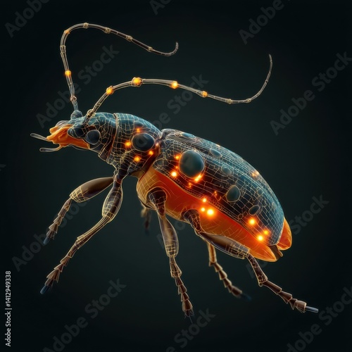 Stunning Semi-Realistic Illustration of a Bioluminescent Bombardier Beetle Showcasing Its Chemical Glands Glowing Hot Orange, Capturing a Fascinating Defense Mechanism in Detail.
