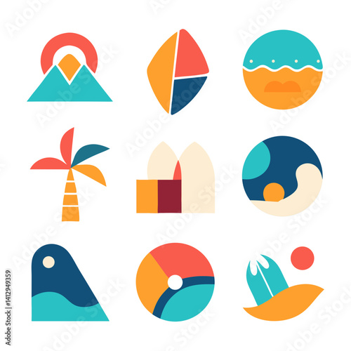 Vibrant summer vacation icons celebrating sun, sea, and sand with a playful geometric style and bold color palette.