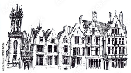 European Medieval Townhouses Sketch photo