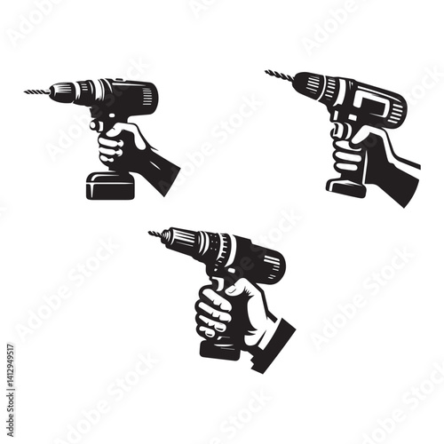 Set of hand holding drill machine silhouette on white background.