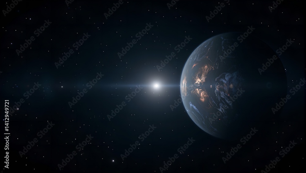 Obraz premium Discover a captivating exoplanet with a shimmering opalescent surface under the glow of distant stars in the never ending universe