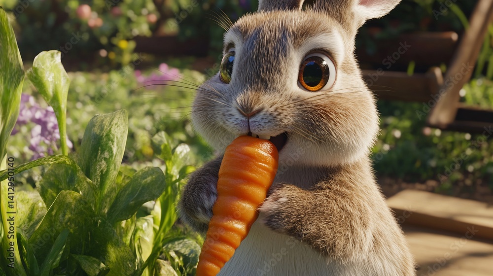 Obraz premium Adorable Bunny Enjoying a Crunchy Carrot in a Sunny Garden