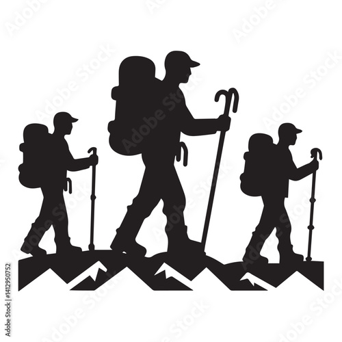 People hiking together silhouette. Hiking concept icon.
