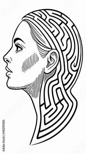 This artwork features a graceful female profile, seamlessly intertwined with a maze pattern that flows across her head and neck. The design evokes themes of introspection and intelligence.