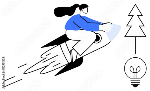 Woman on rocket in motion symbolizes forward-thinking and speed. Tree and bulb emphasize sustainability and creativity. Ideal for innovation, growth, environment, progress, ecology, ideas, ambition