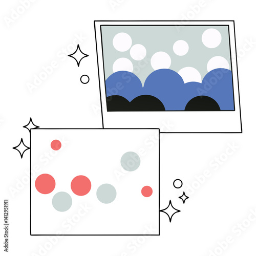 Two playful photo prints showcasing a whimsical seascape and a scattering of colorful dots, radiating a joyful and carefree vibe with simple outlines and bold colors.