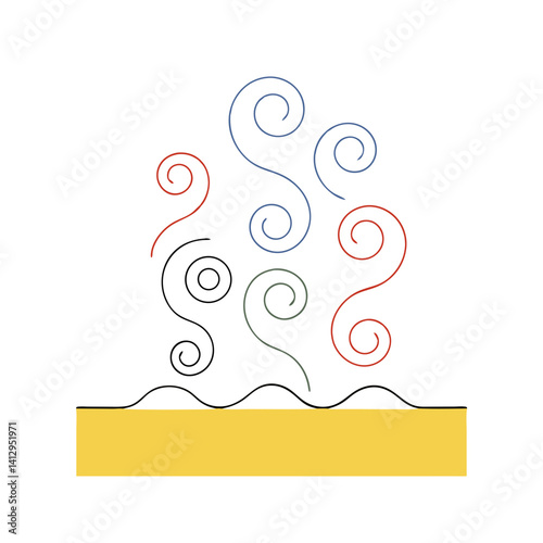 Whimsical swirling curls dance above a golden horizon, a playful burst of color and simple line art.