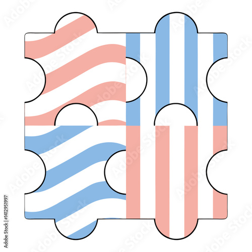 A charming pastel puzzle piece showcasing a delightful blend of wavy and striped patterns in soft pink and light blue hues.