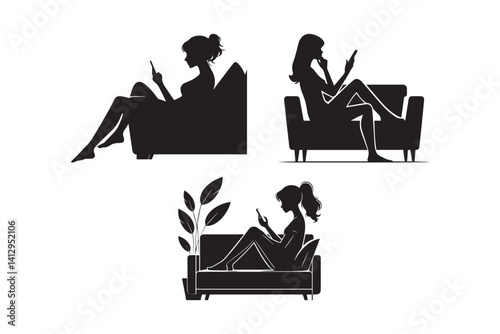 Young girl sitting on sofa and using mobile phone silhouettes on white background.