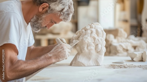 Obraz na płótnie Artisan carves a detailed marble sculpture in a workshop filled with stone creations during daylight hours w salonie