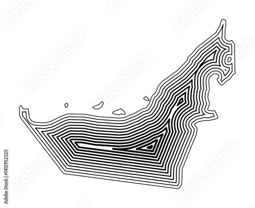 Abstract map of the United Arab Emirates showing the country border buffered inside with black tapering lines