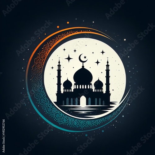 Elegant Graphic Depicting a Mosque With Crescent Moon and Stars