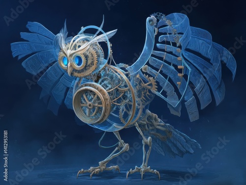 Intricate Semi-Realistic Clockwork Owl Illustration Featuring Visible Gears and Glowing Blue Mainspring Against a Mysterious Night Background, Evoking Themes of Fantasy and Innovation