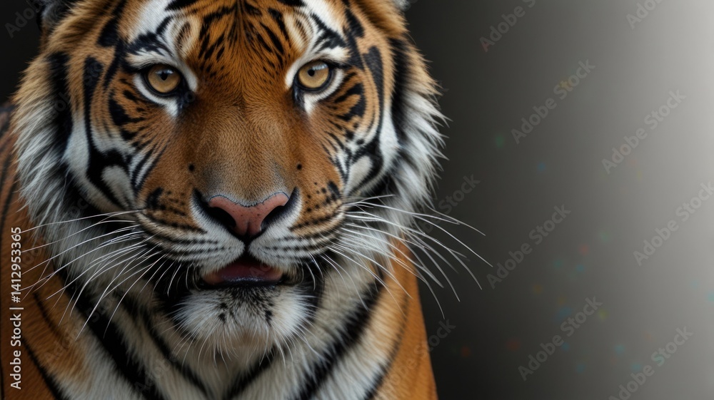 Fototapeta premium Majestic tiger portrait, zoo enclosure, blurred background, wildlife conservation