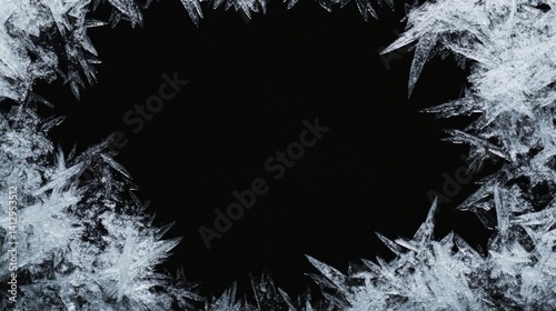 Frosted edges create a delicate crystalline border on a dark background, highlighting winter's beauty in intricate detail