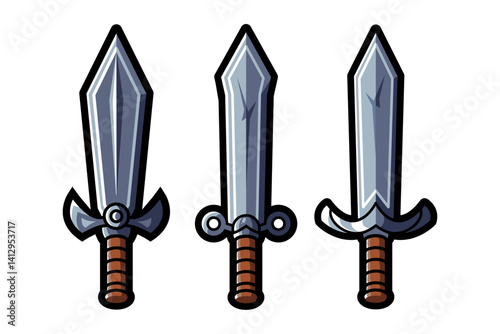 Cartoon-style warrior sword icons with shiny metallic blades and leather grips. Perfect for game assets, mascot logos, or fantasy-themed illustrations