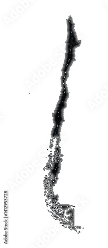 Abstract map of Chile showing the country border buffered inside with black tapering lines