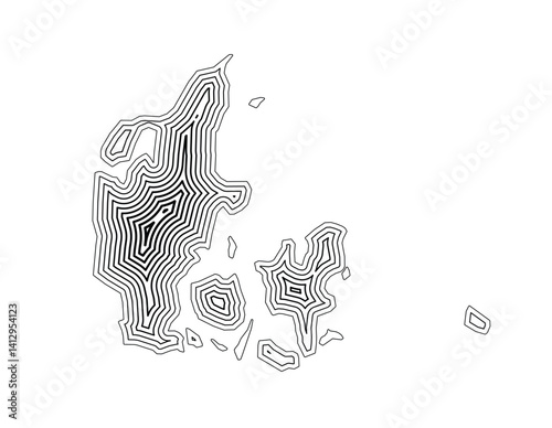 Abstract map of Denmark showing the country border buffered inside with black tapering lines