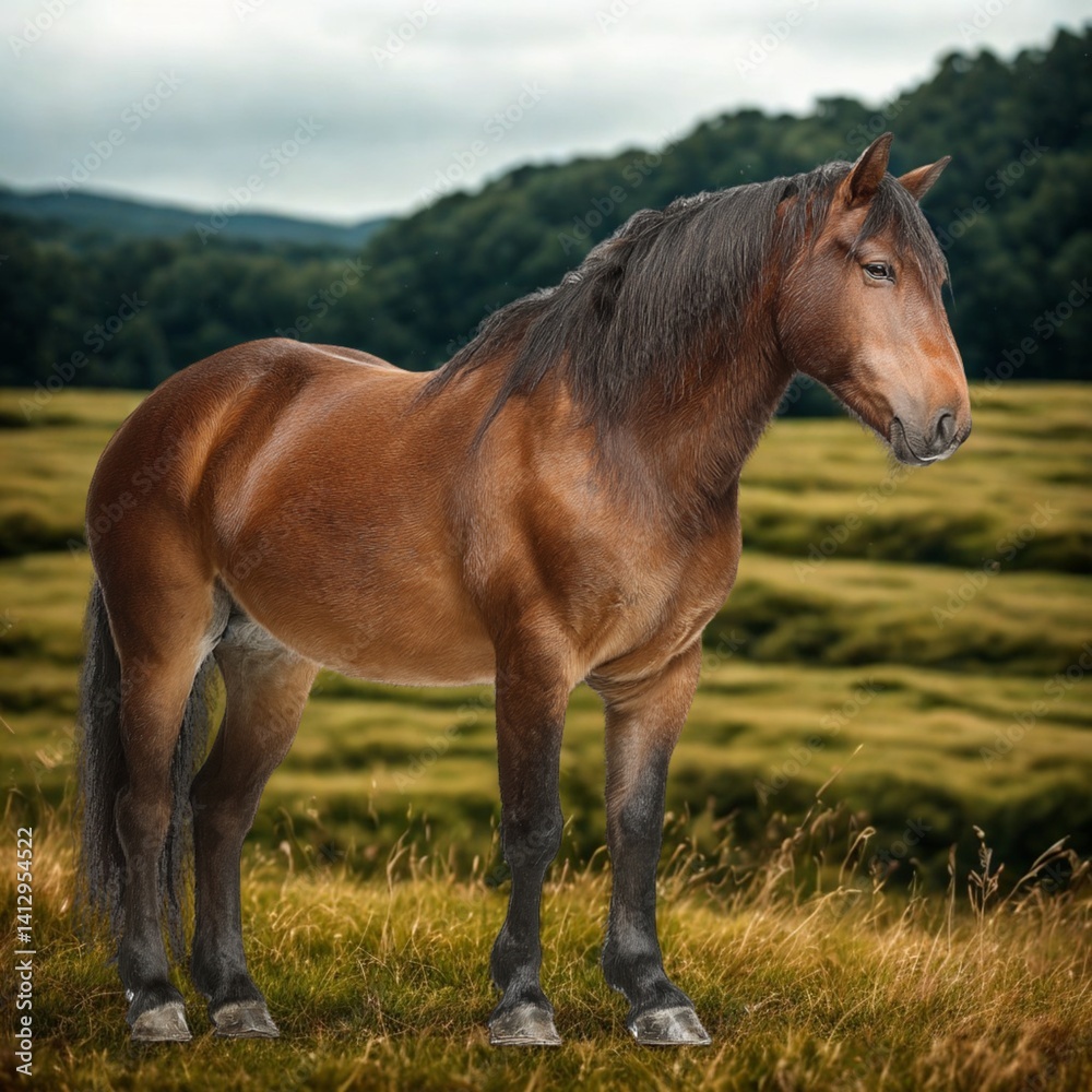 Obraz premium Horse in Meadow: A majestic chestnut horse with a flowing mane stands peacefully in a grassy meadow, against a backdrop of rolling hills.