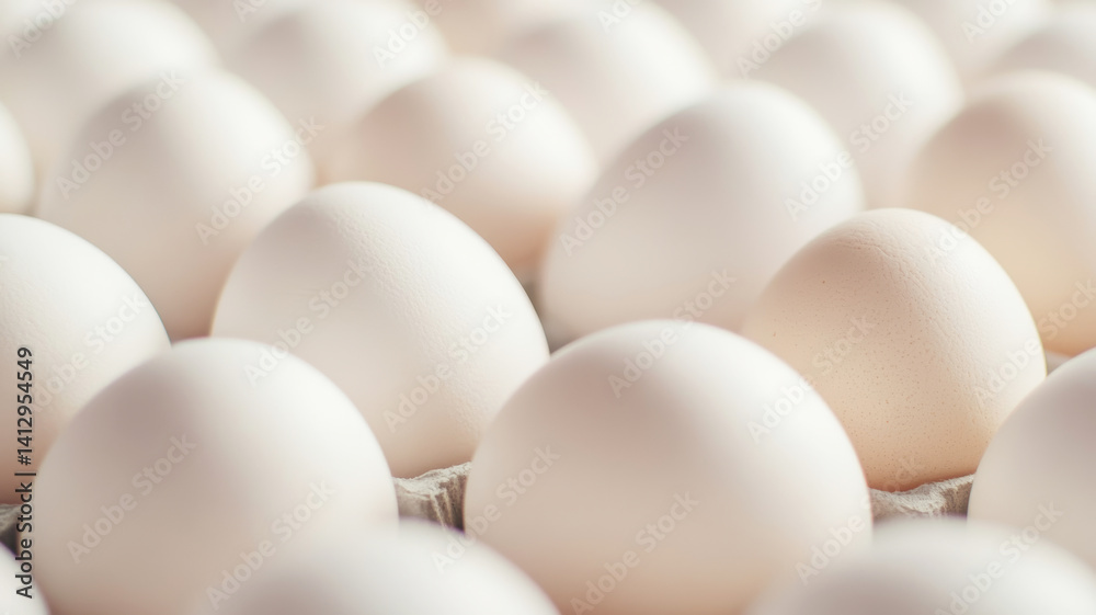Close up fisheye view of numerous fresh eggs neatly arranged in paper trays at a grocery store, creating a visually appealing pattern Close up fisheye view of numerous fresh eggs neatly arranged in paper trays at a grocery store, creating a visually appealing pattern