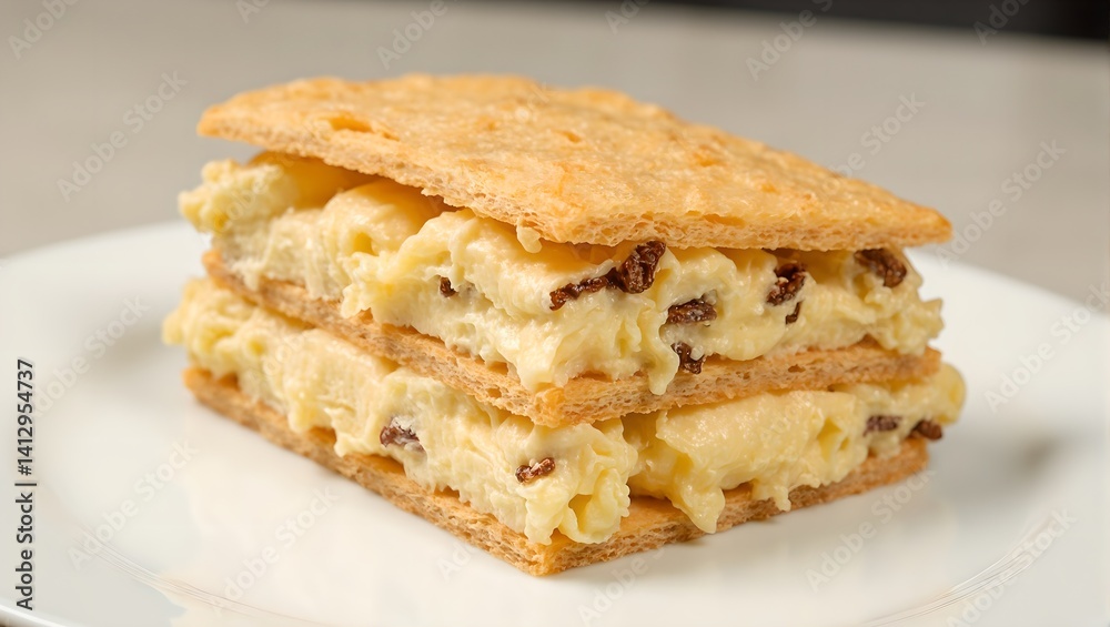 Delicate mille feuille with layers of crispy pastry and vanilla cream on a stylish white plate Perfect for culinary designs Delicate mille feuille with layers of crispy pastry and vanilla cream on a stylish white plate Perfect for culinary designs