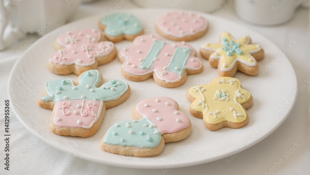 Delightful array of pastel sugar cookies in fun shapes on a vintage tray Soft lighting accentuates intricate icing designs