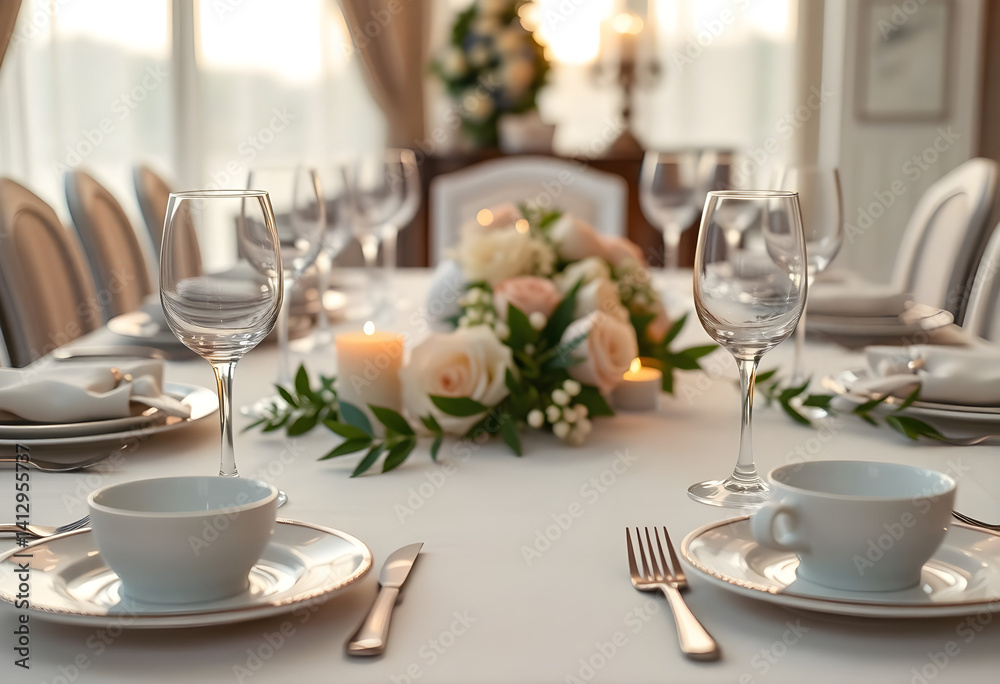 Fototapeta premium table set for a formal dinner with flowers and candles