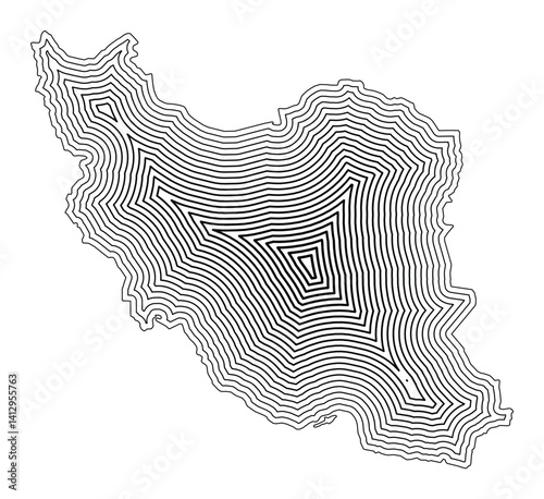 Abstract map of Iran showing the country border buffered inside with black tapering lines