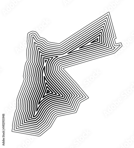 Abstract map of Jordan showing the country border buffered inside with black tapering lines