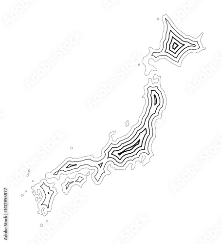 Abstract map of Japan showing the country border buffered inside with black tapering lines