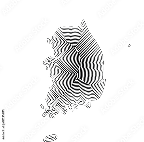 Abstract map of the South Korea showing the country border buffered inside with black tapering lines